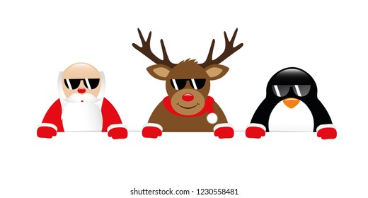 cool reindeer santa claus and penguin cartoon with sunglasses vector illustration EPS10