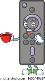 Cool remote control TV cartoon character with a cup of coffee