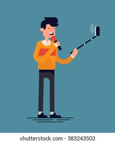 Cool reporter character in modern flat design, vector. Solo journalist reporting with selfie stick and phone camera instead of cameraman operator. No camera crew in modern journalism