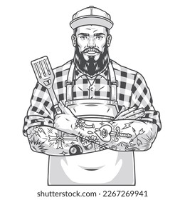 Cool restaurant chef emblem monochrome with man in cooking apron working in grill cafe or BBQ bar vector illustration