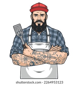 Cool restaurant chef logotype colorful with tattooed man with beard in kitchen apron with arms crossed vector illustration