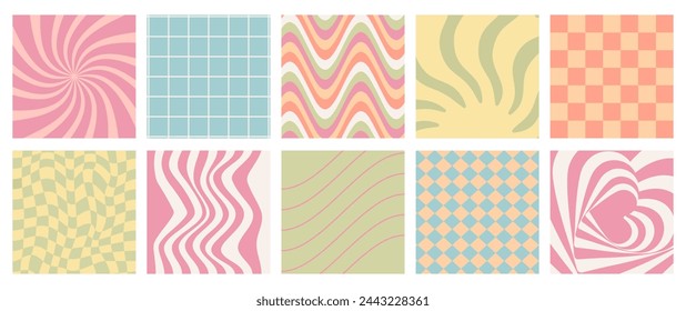 Cool retro 60s 70s groovy backgrounds with chess board, wavy patterns, lines, squares, grids and hearts. Y2K aesthetics. Vector illustrations for wrapping, textile, posters, social media.