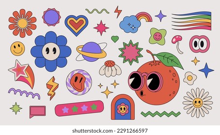 Elementos retro geniales de los años 70, pegatinas hippies muy graciosas. Flores de camomila de dibujos animados, hongos, naranja, corazón, emoticono, conjunto de vector hippie. Símbolos positivos o iconos aislados en fondo blanco