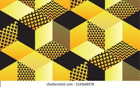 Cool retro 90s geometric hexagon seamless motif in yellow and black colors. Repeatable pattern for background, wrapping paper, fabric, surface design. stock vector illustration