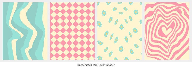 Cool retro backgrounds of the 60s, 70s in pink and blue colors. Chess board, wavy patterns. Vector posters with lines, squares, hearts and flowers in a groovy style. Y2k aesthetics.