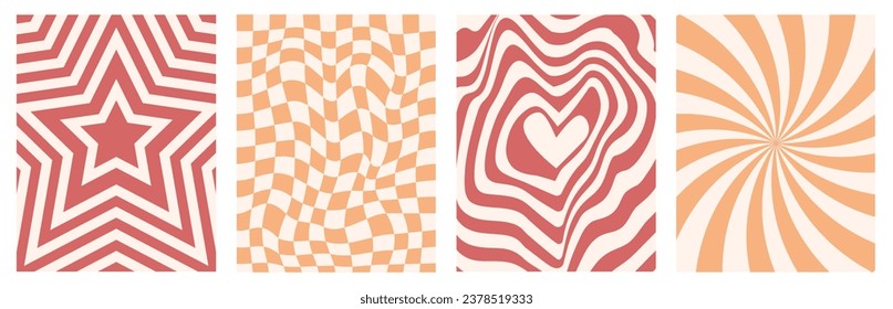 Cool retro backgrounds of the 70s in red and yellow colors. Chess board, wavy patterns. Vector posters with lines, squares and hearts, stars in a groovy style. Aesthetics of Y2k.	