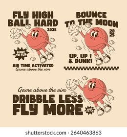 Cool retro basketball design featuring flying ball character and sporty slogans