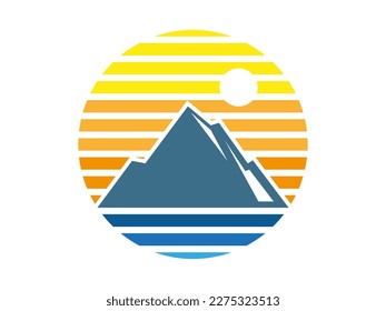 cool retro blue sea and mountain and sunset logo suitable for beach logo design or photography about beach and sunset