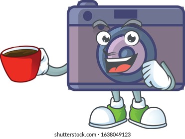 Cool retro camera cartoon character with a cup of coffee