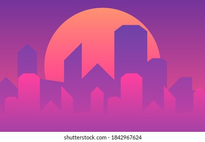 Cool retro futuristic synthwave background cityscape and gigantic pink planet or sun silhouette. Vector flat design on dark sci-fi megalopolis huge skyscrapers.