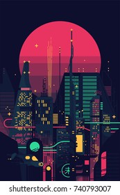 Cool retro futuristic synthwave background with night dystopian cityscape and gigantic pink planet or sun silhouette. Vector flat design on dark sci-fi megalopolis with neon lights, huge skyscrapers