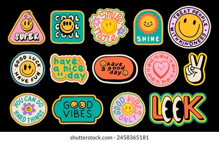 Cool Retro Hand Drawn Stickers Pop Art Style. Set Of Cool Groovy Patches Vector Design.