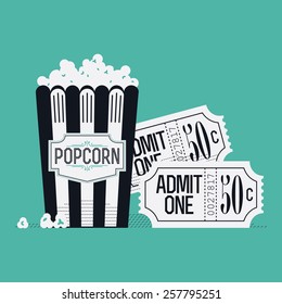 Cool retro looking detailed web or printable background design on movie entertainment with popcorn paper bag and classic admit one cinema theater tickets 