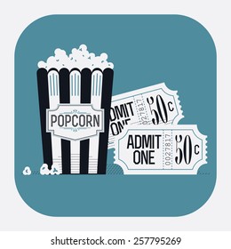 Cool retro looking detailed web or application icon on movie entertainment with popcorn paper bag and classic admit one cinema theater tickets. Rounded corners background