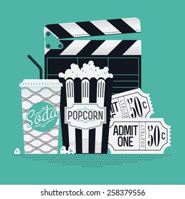 Cool retro looking detailed web or printable background design on movie entertainment with clapboard, soda beverage paper cup, popcorn paper bag and classic admit one cinema theater tickets