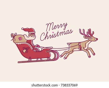 Cool retro looking vector linear design element on Christmas. Winter holidays season character design on Santa Claus riding sleigh pulled by deer