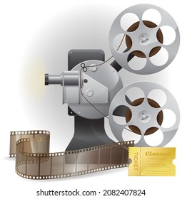 Cool retro movie projector with abstract light rays. Analog device: cinema motion picture film projector with different film strip, reels. Optical device for viewing still images, filmstrips, slides