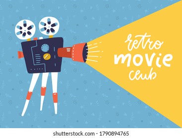 Cool retro movie projector poster, leaflet or banner template with lettering sample text - Retro movie club. Analog device cinema motion picture film projector with different film reels.