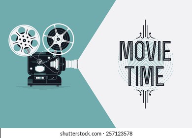 Cool retro movie projector vector detailed poster, leaflet or banner template with sample text | Analog device: cinema motion picture film projector with different film reels
