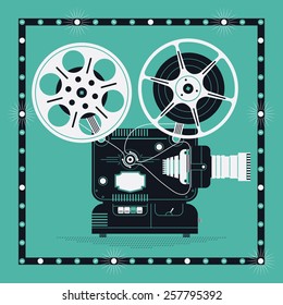 Cool retro movie projector vector detailed illustration | Analog device: cinema motion picture film projector with different film reels and marquee frame