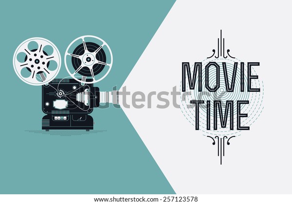 Cool retro movie\
projector vector detailed poster, leaflet or banner template with\
sample text | Analog device: cinema motion picture film projector\
with different film reels