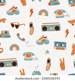 Cool retro pattern with various elements from the 80s and 90s. Vector trendy seamless pattern for design and print.