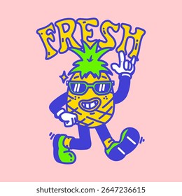 Cool retro pineapple cartoon character wearing sunglasses and striking a pose. Ideal for tropical themes, summer prints, and playful designs.