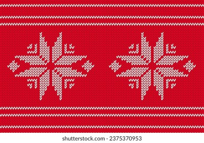 Cool retro seamless pattern for christmas jumper design. New Year knitted pattern with white snowflakes on red background. Vector illustration 