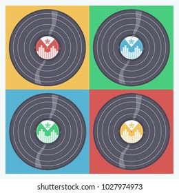 Cool retro set of four vinyl records in different colors, colorful vector illustration