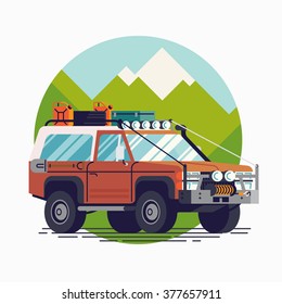 Cool retro styled fully equipped expedition safari SUV off road four wheel vector vehicle web icon | 4WD car isolated transportation traffic design element on mountain background in trendy flat design