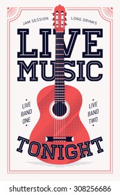 Cool retro styled 'Live Music Tonight' vector poster template | Vertical event announcement with heavy old fashioned lettering and acoustic guitar illustration | Retro concert poster