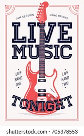 Cool retro styled 'Live Music Tonight' vector poster or banner template. Vertical event announcement with chunky lettering and electric guitar illustration. Concert poster