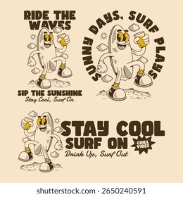 Cool retro surfboard art with fun quotes and drink in hand