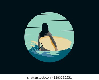 
cool retro vintage logo vector illustration of a female surfer standing looking at the waves holding a surfboard, suitable for summer t-shirt design and articles illustration