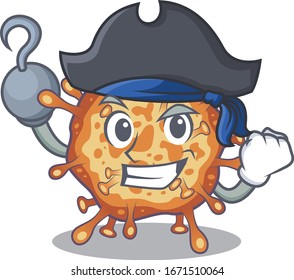 Cool retro virus corona in one hand Pirate cartoon design style with hat
