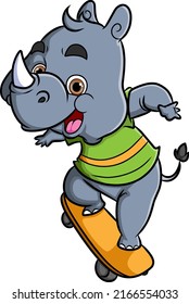 The cool rhinoceros is playing skateboard with happy expression of illustration