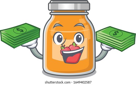 genial personaje de una mermelada de manzana con dinero en las manos