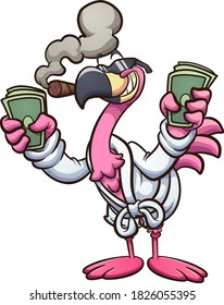 Cool rich cartoon flamingo wearing a bathrobe and smoking a cigar. Vector clip art illustration with simple gradients. All on a single layer. 
