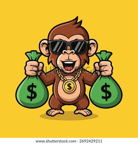 A cool and rich cartoon monkey character wearing sunglasses and a gold chain, proudly holding two large green money bags with dollar signs. Vector Illustration
