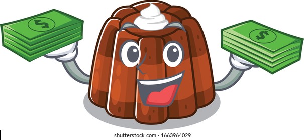 cool rich chocolate pudding character having money on hands