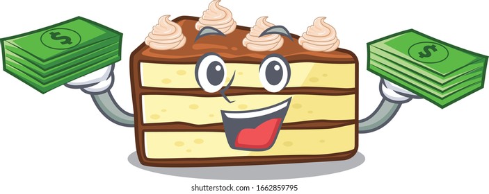 cool rich chocolate slice cake character having money on hands