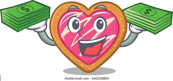 cool rich cookie heart character having money on hands