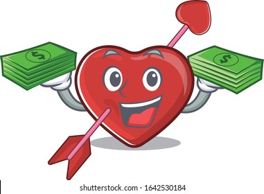 cool rich heart and arrow character having money on hands