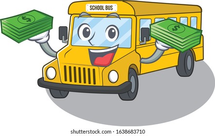 cool rich school bus character having money on hands