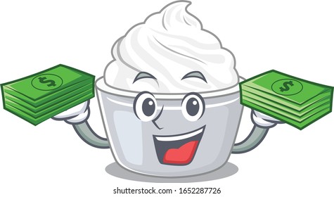 cool rich sour cream character having money on hands