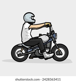 Cool Rider riding Motorcycle with blue helmet Japanese style or bobber style or scramble style or cafe racer style isolated on grey background vector modern illustrations