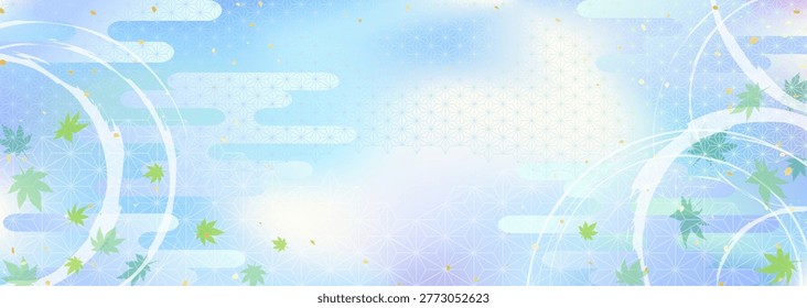 Cool ripples on the water's surface and Fresh green maple leaves : A background illustration featuring traditional Japanese patterns.