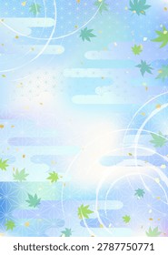 Cool ripples on the water's surface and Fresh green maple leaves : A background illustration featuring traditional Japanese patterns.