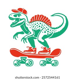 Cool Roaring Dinosaur Skateboarding with Red Cap and Sneakers, Vector Illustration