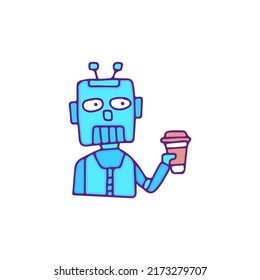 Cool robot character drink coffee, illustration for t-shirt, sticker, or apparel merchandise. With doodle, retro, and cartoon style.